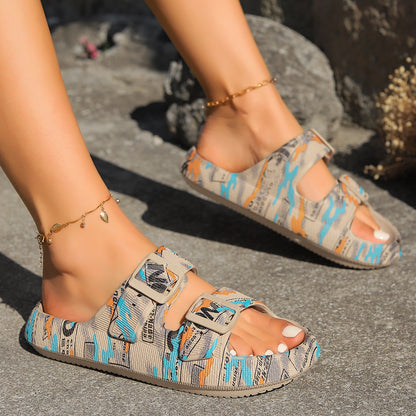 Adjustable Double-Buckle Summer Holiday Printing Soft Women Slippers, Pillow Platform Travel Sandals for Beach, Vacation