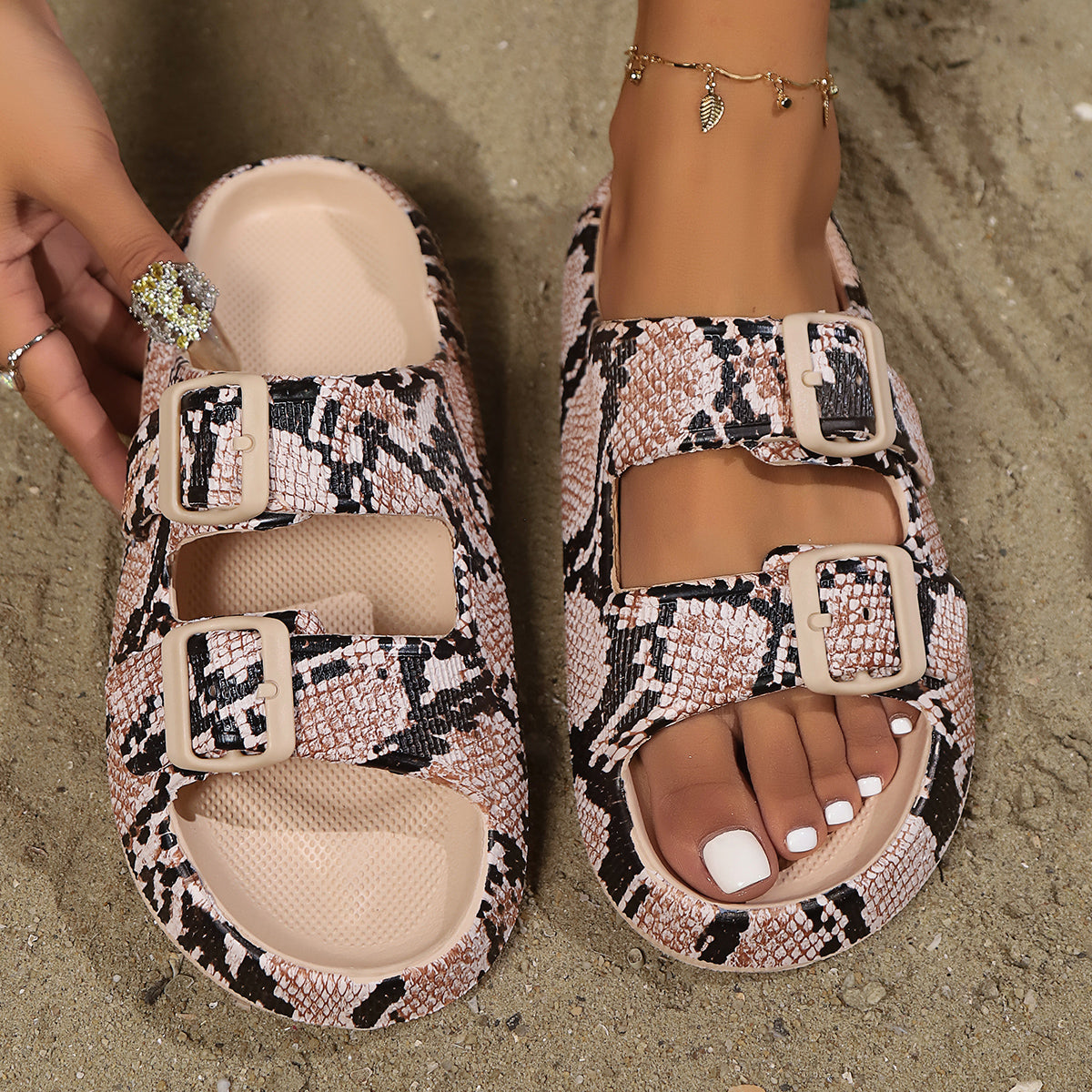 Adjustable Double-Buckle Summer Holiday Printing Soft Women Slippers, Pillow Platform Travel Sandals for Beach, Vacation