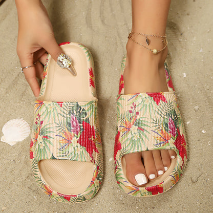Adjustable Double-Buckle Summer Holiday Printing Soft Women Slippers, Pillow Platform Travel Sandals for Beach, Vacation