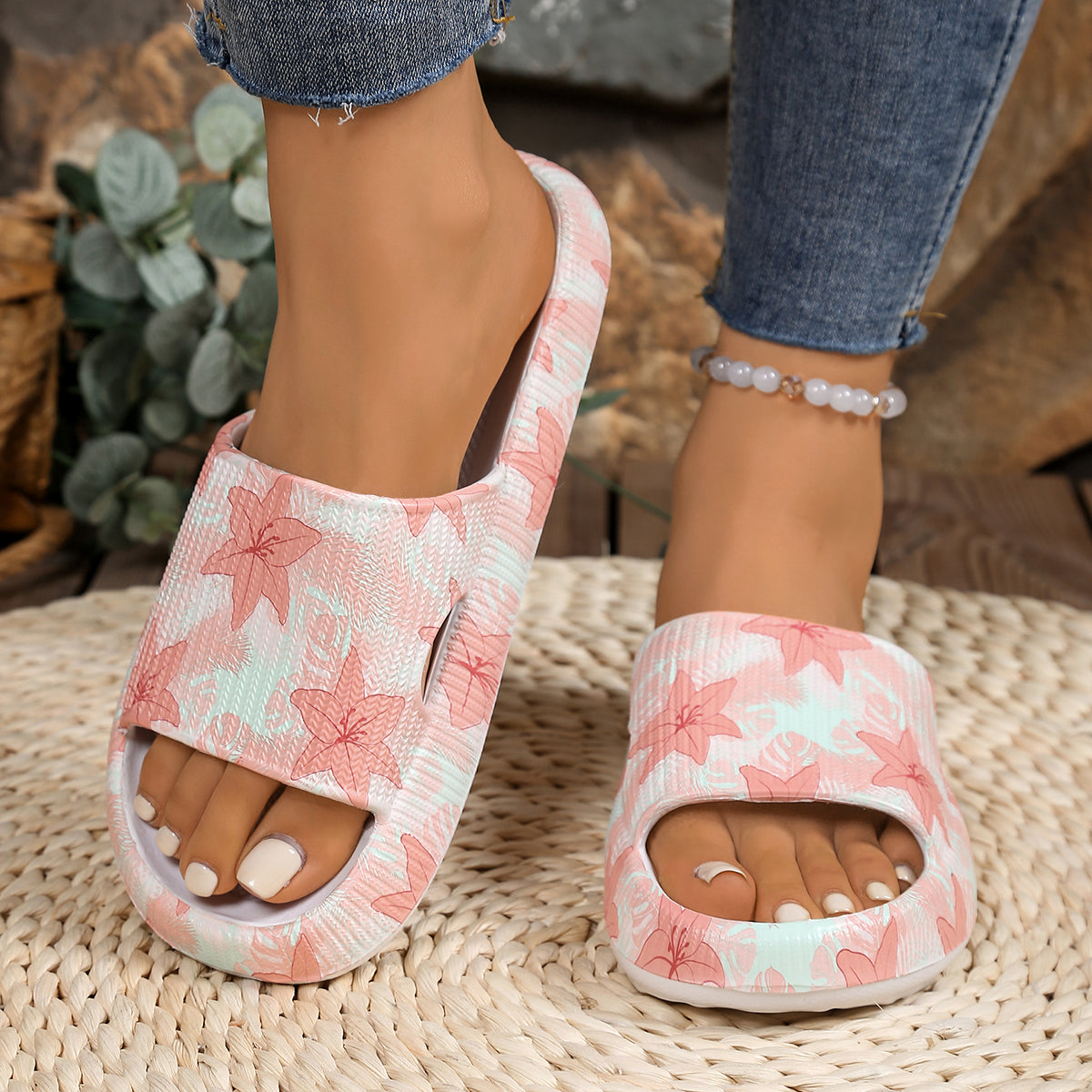 Adjustable Double-Buckle Summer Holiday Printing Soft Women Slippers, Pillow Platform Travel Sandals for Beach, Vacation