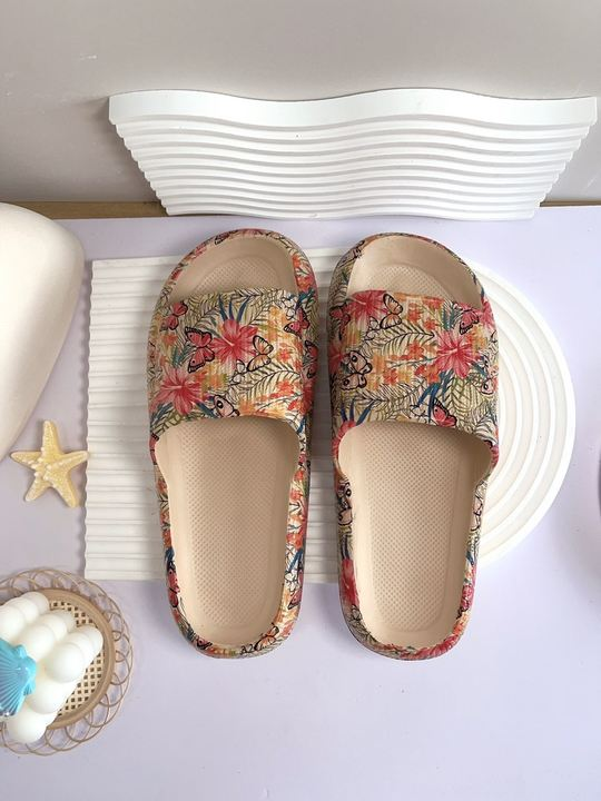 Adjustable Double-Buckle Summer Holiday Printing Soft Women Slippers, Pillow Platform Travel Sandals for Beach, Vacation