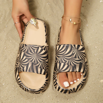 Adjustable Double-Buckle Summer Holiday Printing Soft Women Slippers, Pillow Platform Travel Sandals for Beach, Vacation