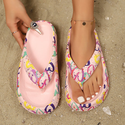 Adjustable Double-Buckle Summer Holiday Printing Soft Women Slippers, Pillow Platform Travel Sandals for Beach, Vacation