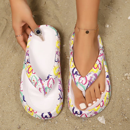 Adjustable Double-Buckle Summer Holiday Printing Soft Women Slippers, Pillow Platform Travel Sandals for Beach, Vacation