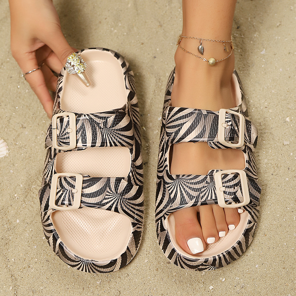 Adjustable Double-Buckle Summer Holiday Printing Soft Women Slippers, Pillow Platform Travel Sandals for Beach, Vacation