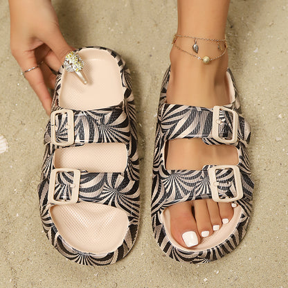 Adjustable Double-Buckle Summer Holiday Printing Soft Women Slippers, Pillow Platform Travel Sandals for Beach, Vacation