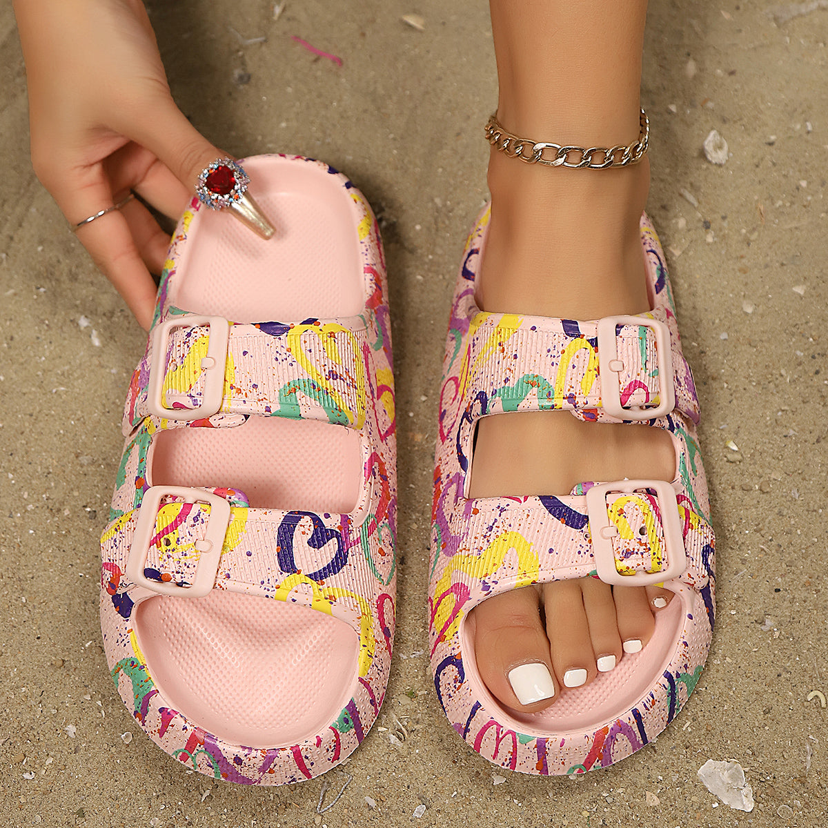 Adjustable Double-Buckle Summer Holiday Printing Soft Women Slippers, Pillow Platform Travel Sandals for Beach, Vacation