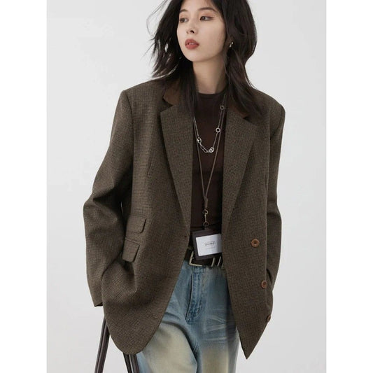 Women Woolen Plaid Blazer Retro Mid Length Jacket