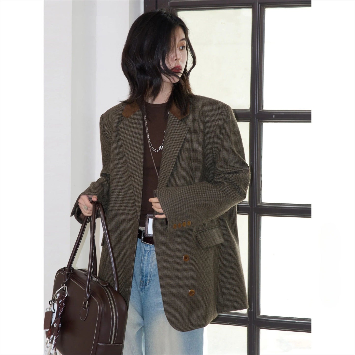 Women Woolen Plaid Blazer Retro Mid Length Jacket
