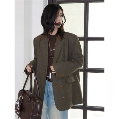 Women Woolen Plaid Blazer Retro Mid Length Jacket