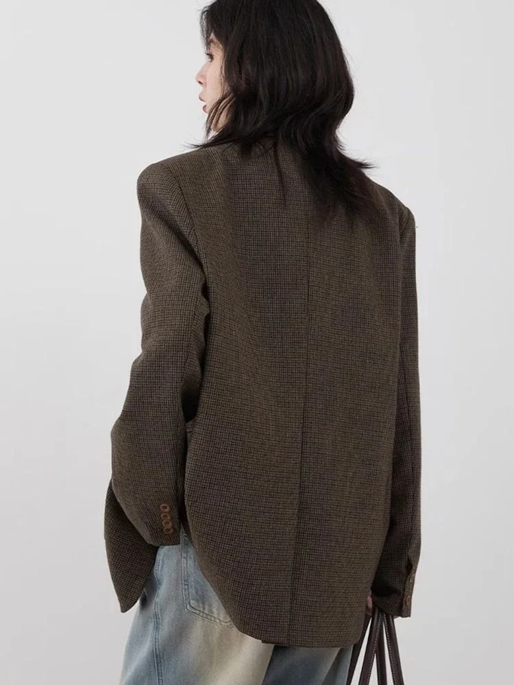 Women Woolen Plaid Blazer Retro Mid Length Jacket