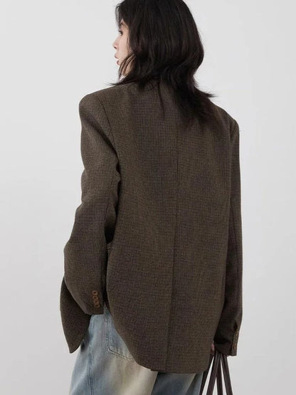 Women Woolen Plaid Blazer Retro Mid Length Jacket