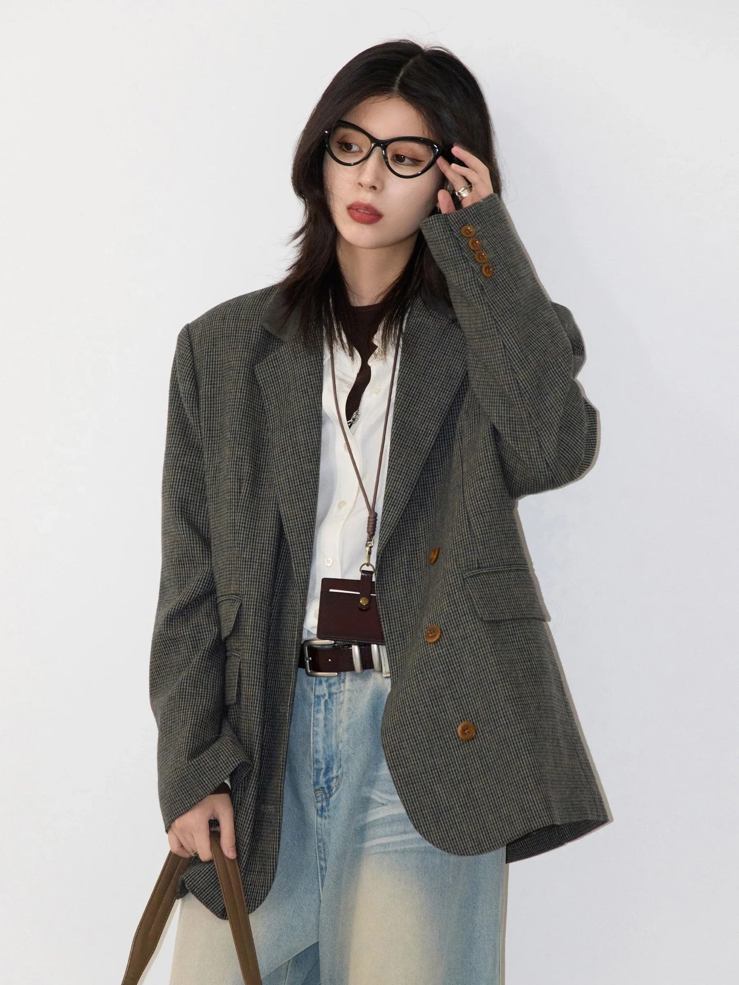 Women Woolen Plaid Blazer Retro Mid Length Jacket