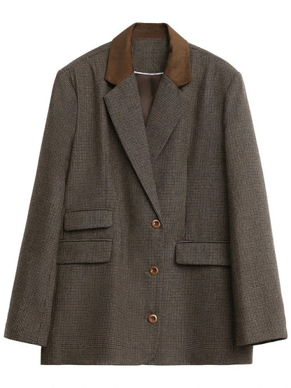Women Woolen Plaid Blazer Retro Mid Length Jacket