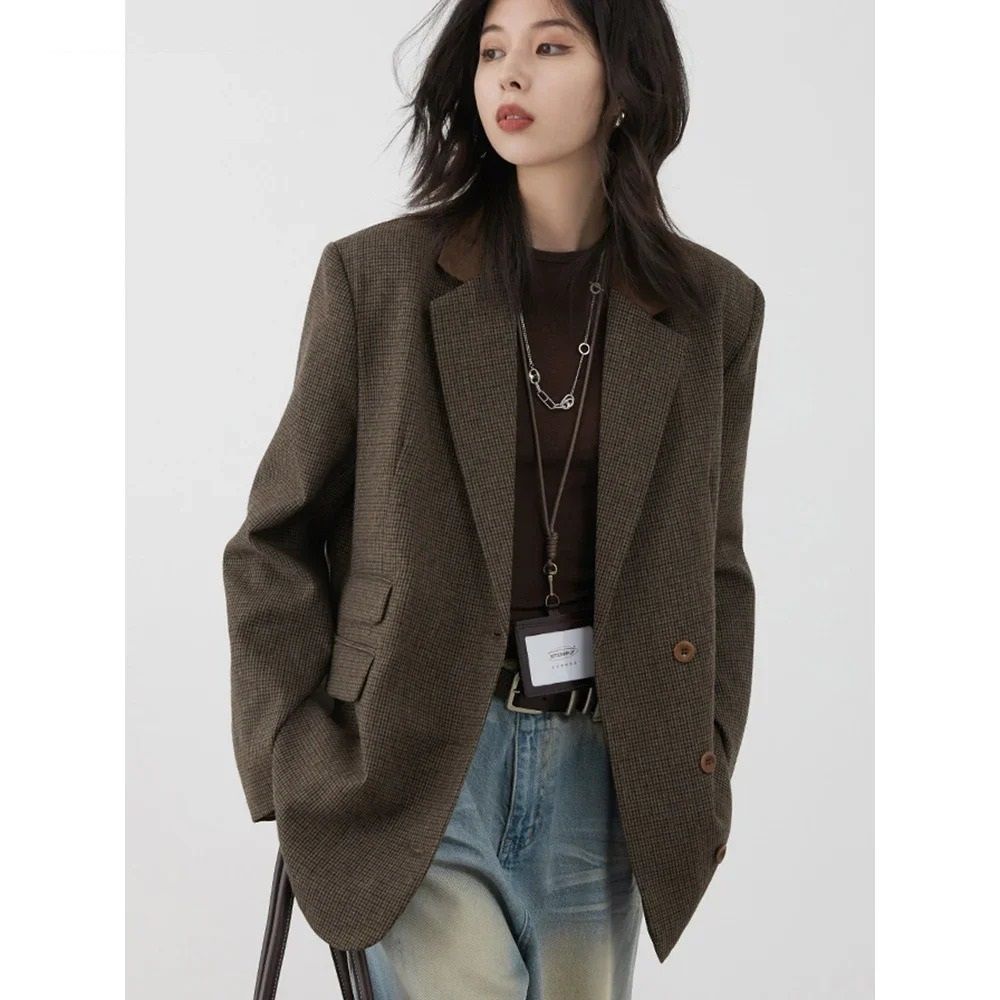 Women Woolen Plaid Blazer Retro Mid Length Jacket