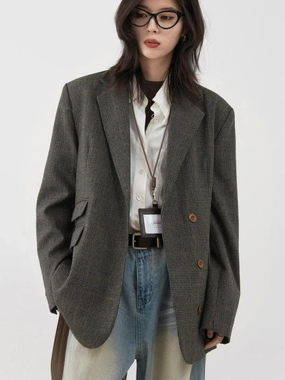 Women Woolen Plaid Blazer Retro Mid Length Jacket