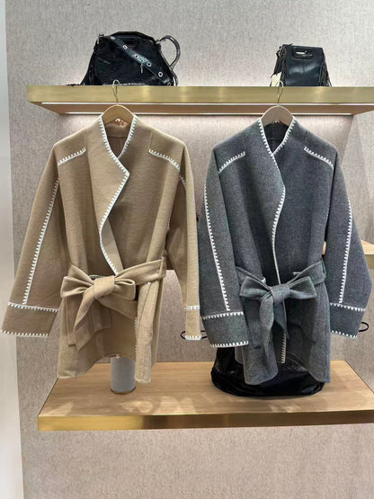 Womens French Style Wool Blend Coat, Belted Long Cardigan, Autumn Winter Outerwear, Loose Fit Trench