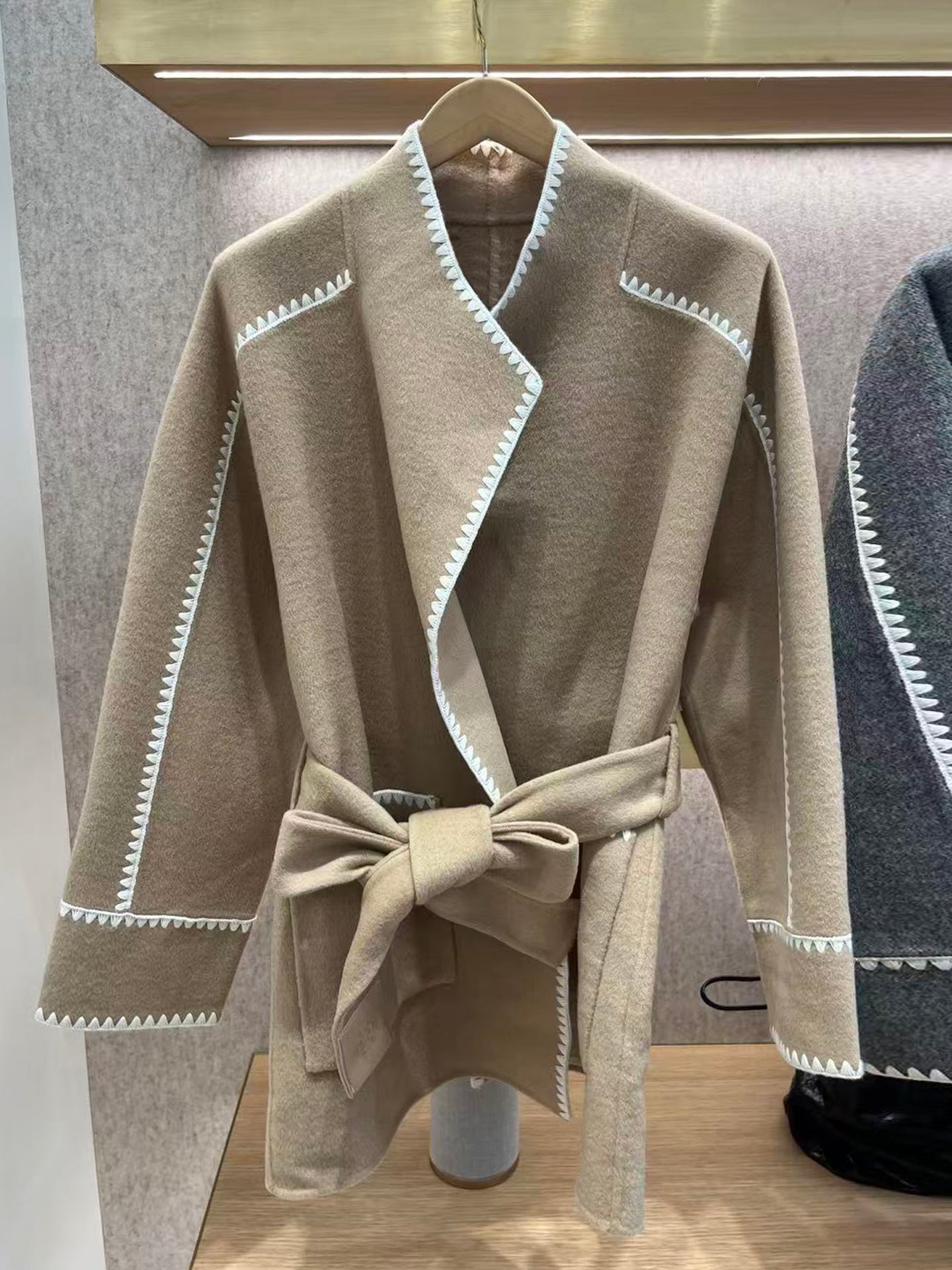 Womens French Style Wool Blend Coat, Belted Long Cardigan, Autumn Winter Outerwear, Loose Fit Trench