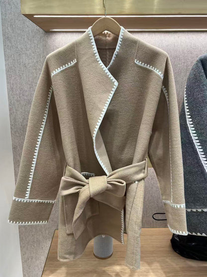 Womens French Style Wool Blend Coat, Belted Long Cardigan, Autumn Winter Outerwear, Loose Fit Trench