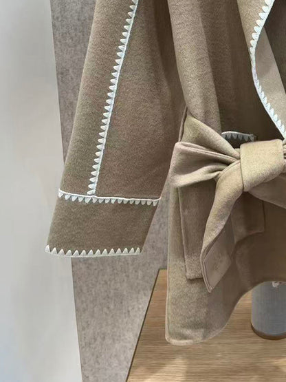 Womens French Style Wool Blend Coat, Belted Long Cardigan, Autumn Winter Outerwear, Loose Fit Trench