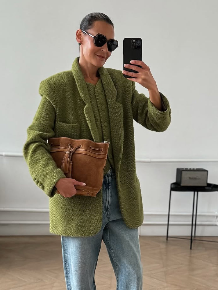 Women's Green Woolen Coat, Single Button Jacket with Chic Collar, Casual Autumn Outerwear for Daily Highstreet Fashion