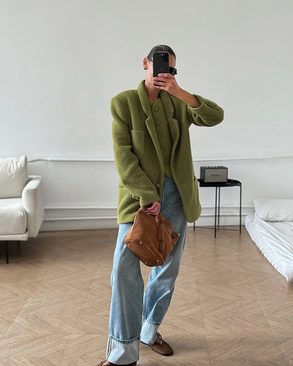 Women's Green Woolen Coat, Single Button Jacket with Chic Collar, Casual Autumn Outerwear for Daily Highstreet Fashion