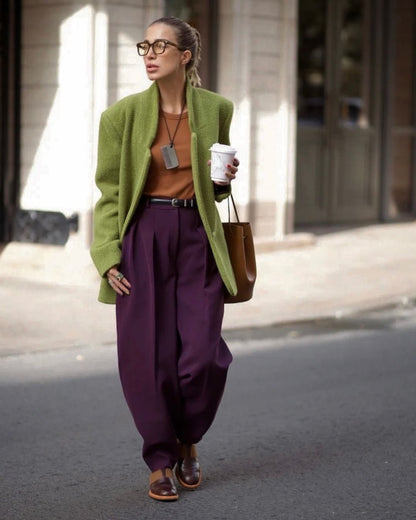 Women's Green Woolen Coat, Single Button Jacket with Chic Collar, Casual Autumn Outerwear for Daily Highstreet Fashion