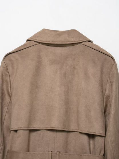 Women's Trench Coat, Autumn Fall Jacket with Lapel and Pockets, Suede Effect Windbreaker