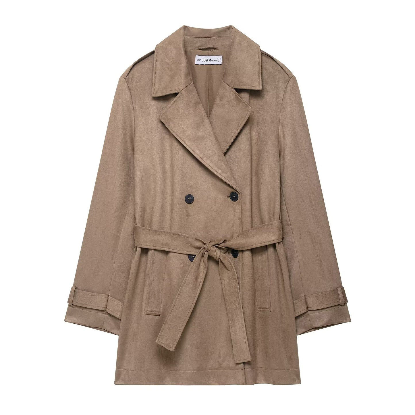 Women's Trench Coat, Autumn Fall Jacket with Lapel and Pockets, Suede Effect Windbreaker