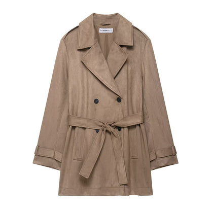 Women's Trench Coat, Autumn Fall Jacket with Lapel and Pockets, Suede Effect Windbreaker
