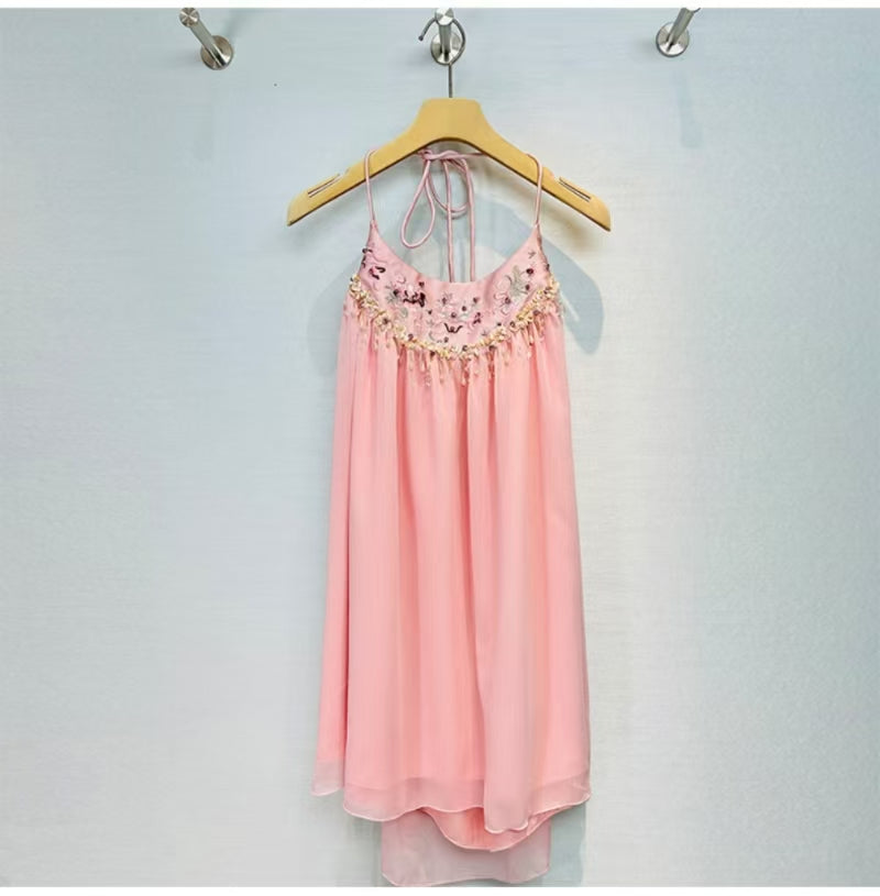 Suspender Dress, Sexy Backless Pink Dress with Embroidered Beads for Travel, Spring Summer