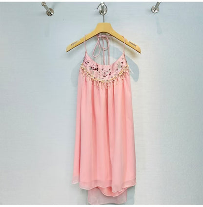 Suspender Dress, Sexy Backless Pink Dress with Embroidered Beads for Travel, Spring Summer