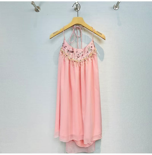 Suspender Dress, Sexy Backless Pink Dress with Embroidered Beads for Travel, Spring Summer