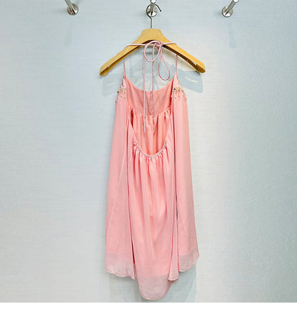 Suspender Dress, Sexy Backless Pink Dress with Embroidered Beads for Travel, Spring Summer