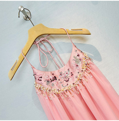 Suspender Dress, Sexy Backless Pink Dress with Embroidered Beads for Travel, Spring Summer