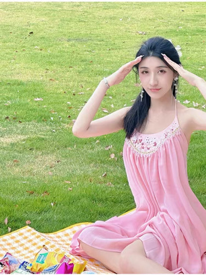 Suspender Dress, Sexy Backless Pink Dress with Embroidered Beads for Travel, Spring Summer