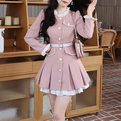 Mini Dress, Kawaii Lolita Style, Patchwork Pleated Design, with Belt, Elegant Party Bodycon Dress for Women