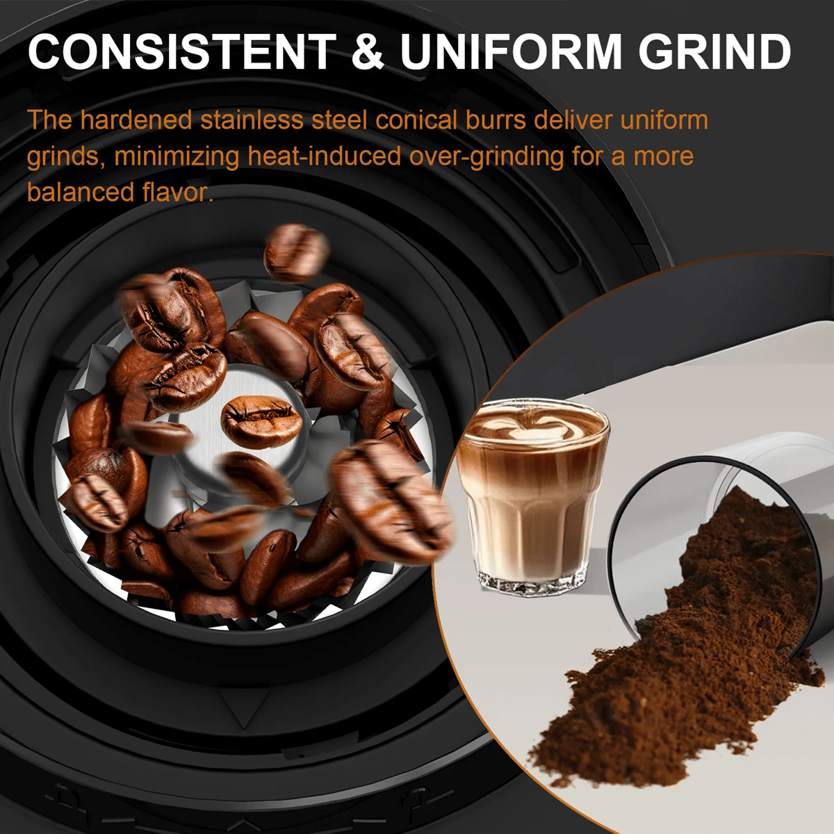 Automatic Electric Coffee Grinder Conical Burr with 25 Grind Settings and Powder Blower