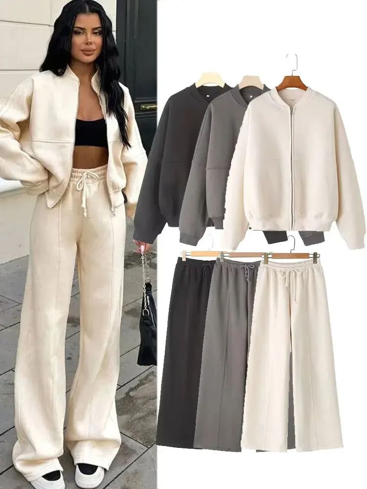 HH Women Two Piece Retro Zip Bomber Jacket and Wide Leg Pants Set