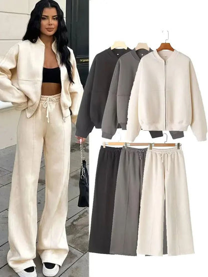 HH Women Two Piece Retro Zip Bomber Jacket and Wide Leg Pants Set