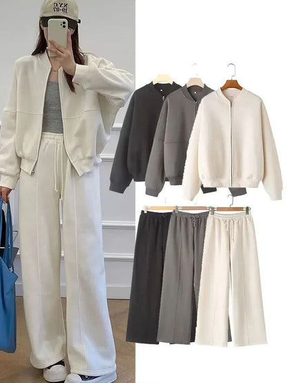 HH Women Two Piece Retro Zip Bomber Jacket and Wide Leg Pants Set