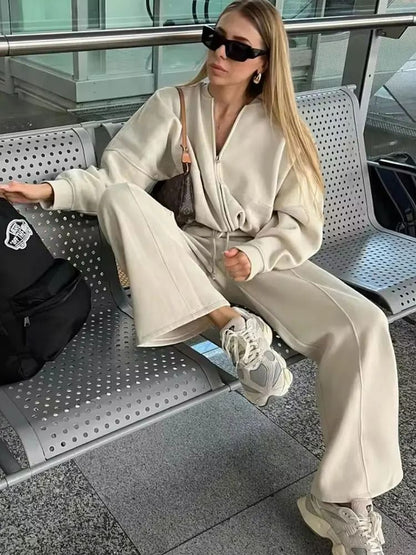 HH Women Two Piece Retro Zip Bomber Jacket and Wide Leg Pants Set