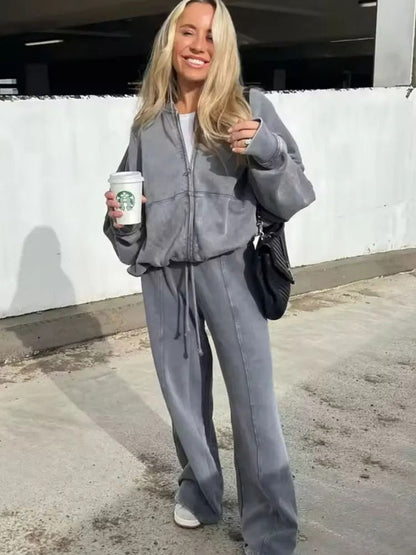 HH Women Two Piece Retro Zip Bomber Jacket and Wide Leg Pants Set