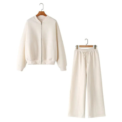 HH Women Two Piece Retro Zip Bomber Jacket and Wide Leg Pants Set