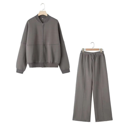 HH Women Two Piece Retro Zip Bomber Jacket and Wide Leg Pants Set