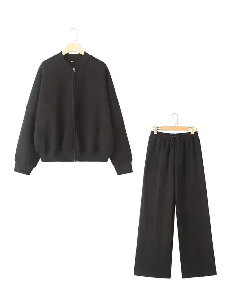 HH Women Two Piece Retro Zip Bomber Jacket and Wide Leg Pants Set