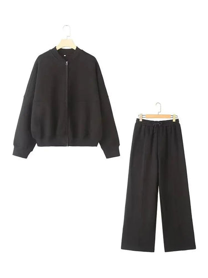 HH Women Two Piece Retro Zip Bomber Jacket and Wide Leg Pants Set