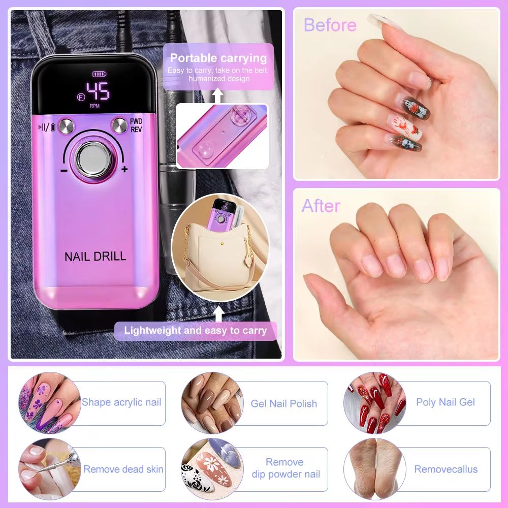 45000RPM Rechargeable Electric Nail Drill – Professional Portable Manicure & Gel Nail Tool