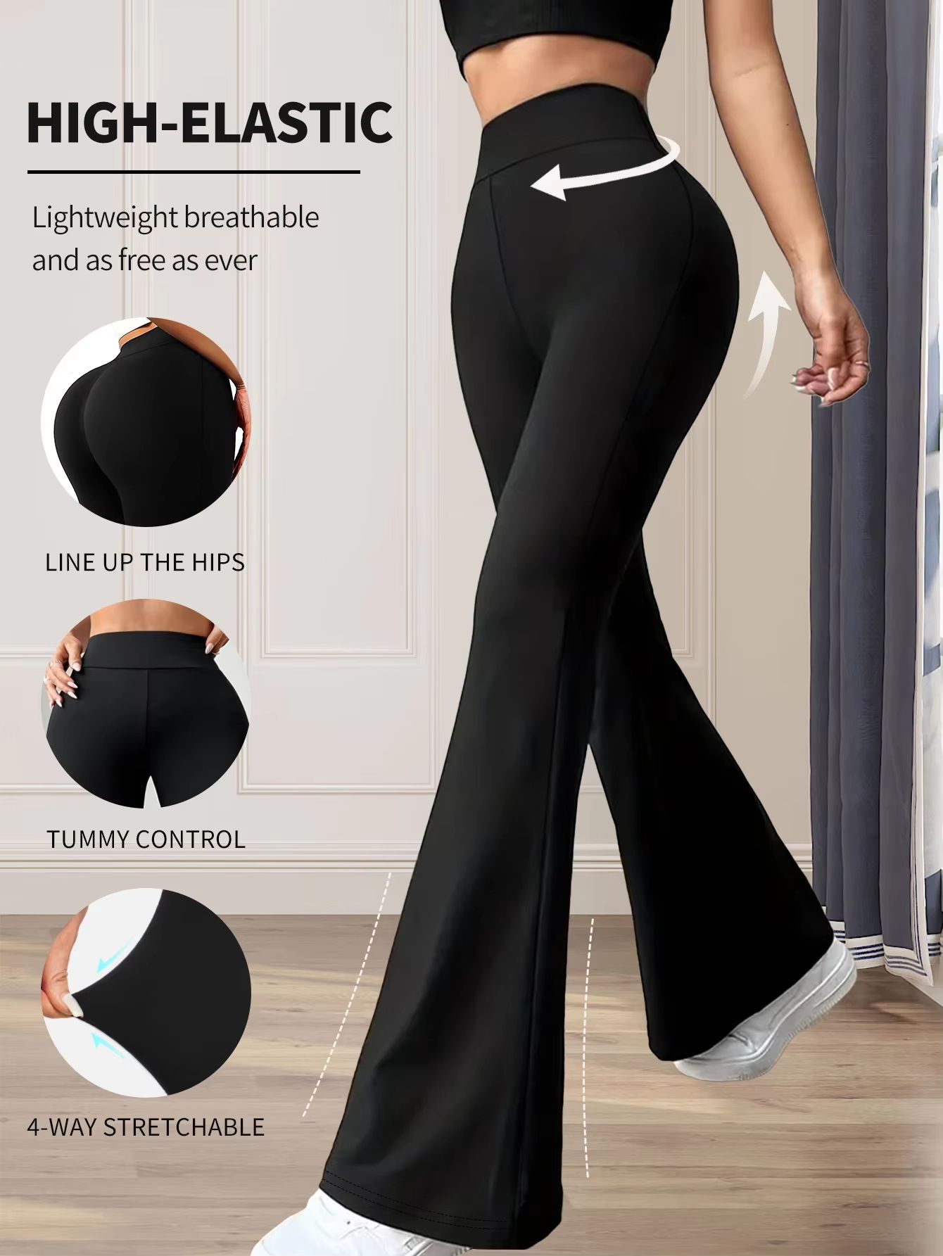 Women's High Waisted Slim Fit Flared Pants – Lightweight Wide Leg Black Trousers for Spring & Summer