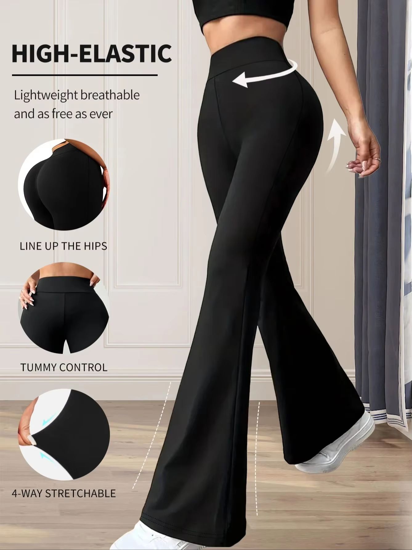 Women's High Waisted Slim Fit Flared Pants – Lightweight Wide Leg Black Trousers for Spring & Summer